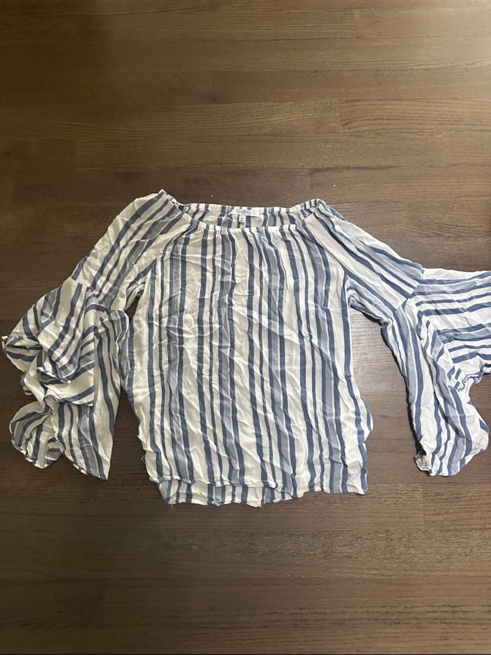 Fever Blue and White Striped Off-Shoulder Ruffle Sleeve Top